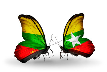 Two butterflies with flags Lithuania and Myanmar
