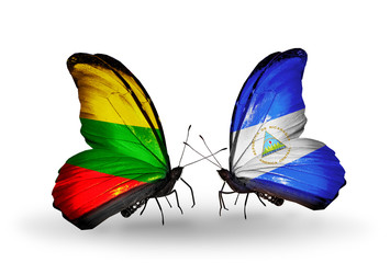 Two butterflies with flags Lithuania and Nicaragua