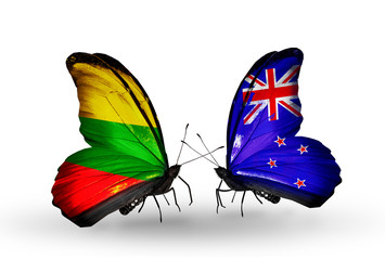 Two butterflies with flags Lithuania and New Zealand