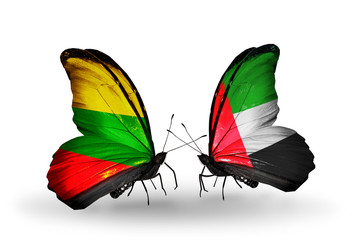 Two butterflies with flags Lithuania and United Arab Emirates
