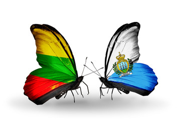 Two butterflies with flags Lithuania and San Marino