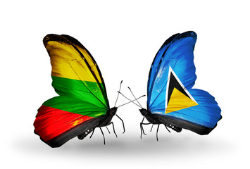 Two butterflies with flags Lithuania and Saint Lucia