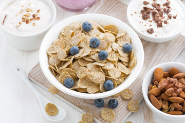 crunchy flakes with blueberries and various yogurts