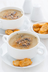 delicious mushroom cream soup with croutons, close-up