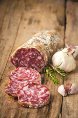 Sausage salami in a rural setting
