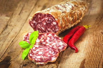 Sausage salami in a rural setting