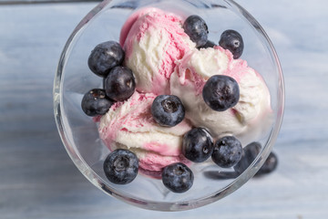 Bowl with ice cream and fresh blueberry