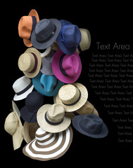 Fashion chapeau for man and woman hang for display.With text are