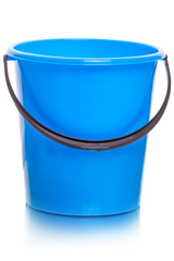 Blue plastic bucket on white