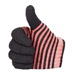 Thumb up showing by hand with black and red knitting wool glove