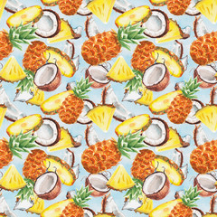watercolor pineapple and coconut pattern