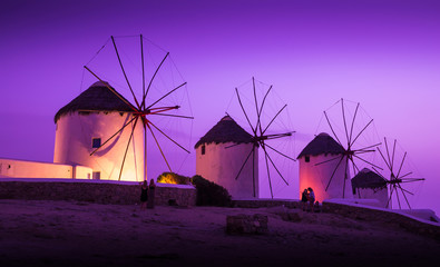 Mills on the Greek island in the sunset