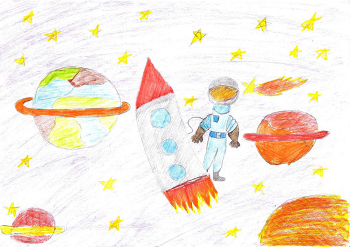 Children drawing space planet rocket