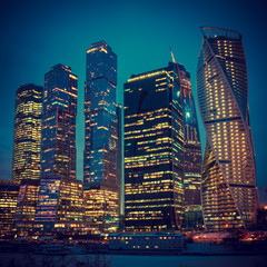 Illuminated Skyscrapers Buildings of Moscow City business comple