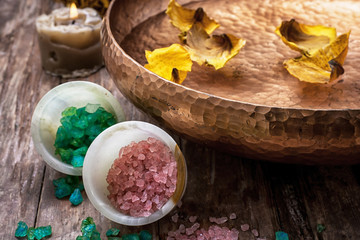 bronze bowl with water and accessories spa treatments