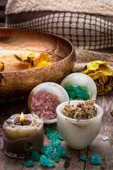 bronze bowl with water and accessories spa treatments