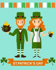 Beautiful leprechaun girl and man with beer, St. Patrick's Day