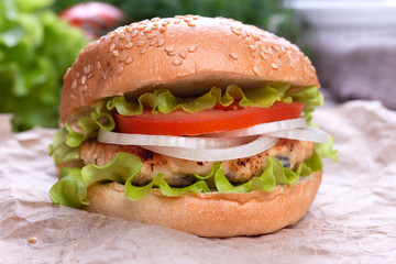 Delicious homemade hamburger on wood