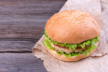Delicious homemade hamburger on wood