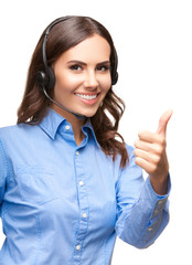 Support phone operator with thumb up gesture, on white