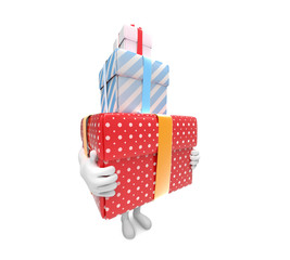 Fototapeta na wymiar Small person carries three hard box-gifts