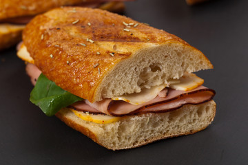 Grilled Ham and Cheese Panini Sandwich. Selective focus.
