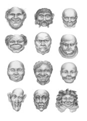 Creepy heads collection (front). Pencil hand drawings