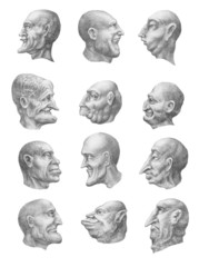 Creepy heads collection (profile). Pencil hand drawings