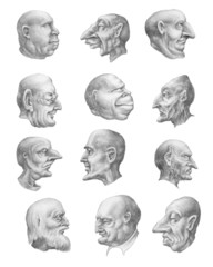 Obraz premium Creepy heads collection (profile). Pencil hand drawings