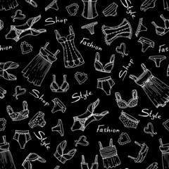 Vector pattern with hand drawn lingerie on black color
