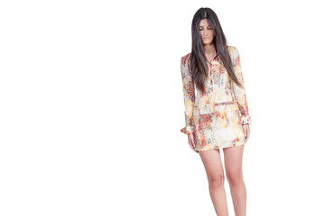 Brunette good looking fashion Greek model over white background