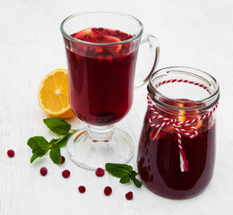 Glasses of mulled wine with  cranberries