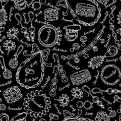 Vector pattern with hand drawn and fashionable jewelry on black