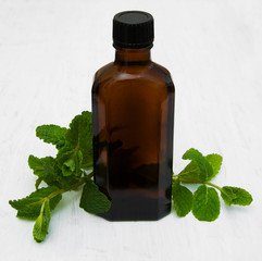 Bottle of mint oil and fresh mint