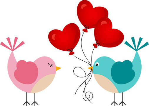 birds with red heart balloons clip art preview