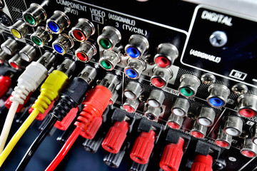 Close up of rear end of music amplifier