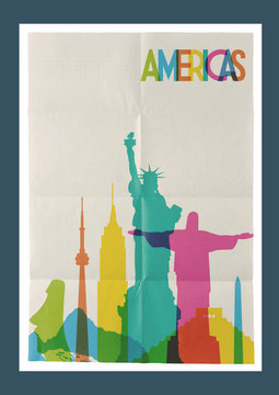 Travel Americas landmarks skyline vintage poster