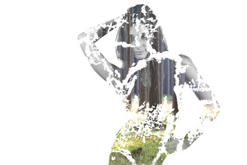 Posing girl, double exposure with forrest