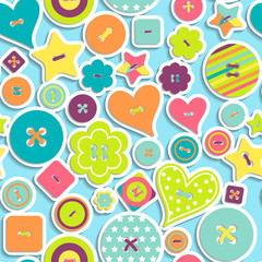 Seamless pattern of colorful differently shaped buttons