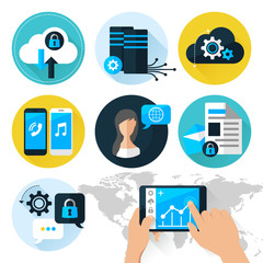 Flat vector illustration concept mobile devices connected onto a