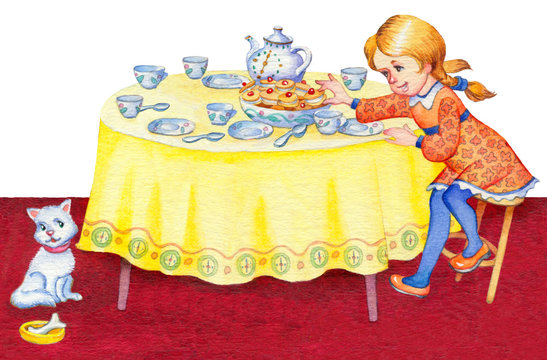 Watercolor illustration. Girl takes cookies with festive table