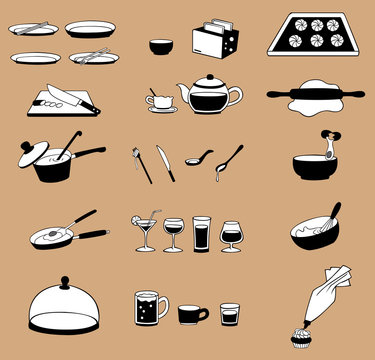 silhouette line drawing kitchenware icon set, create by vector