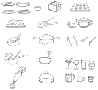 Black and white line drawing kitchenware icon set, create by vec