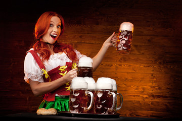 Bavarian Woman with Six Beer Glasses