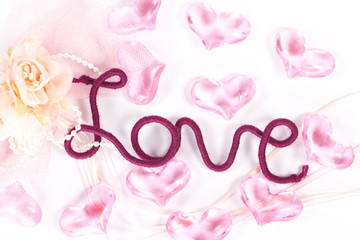 word love of red thread and pink hearts