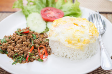 Thai spicy food basil pork fried rice with fried egg