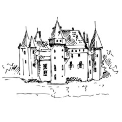 Obraz premium Medieval castle colorful sketch. Vector illustration.