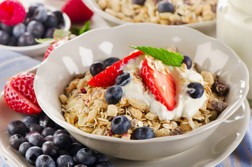 Healthy Breakfast with  berries, yogurt , muesli.