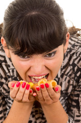 young girl overeating junk food