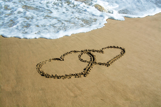 Two hearts drawn on the beach